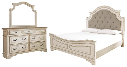 Realyn King Upholstered Panel Bed with Mirrored Dresser