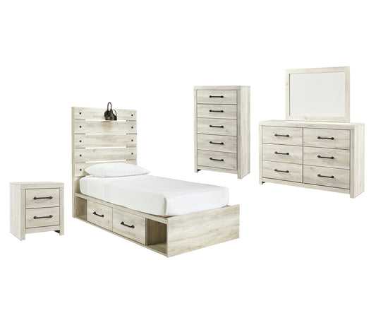 Cambeck Twin Panel Bed with 4 Storage Drawers with Mirrored Dresser, Chest and Nightstand