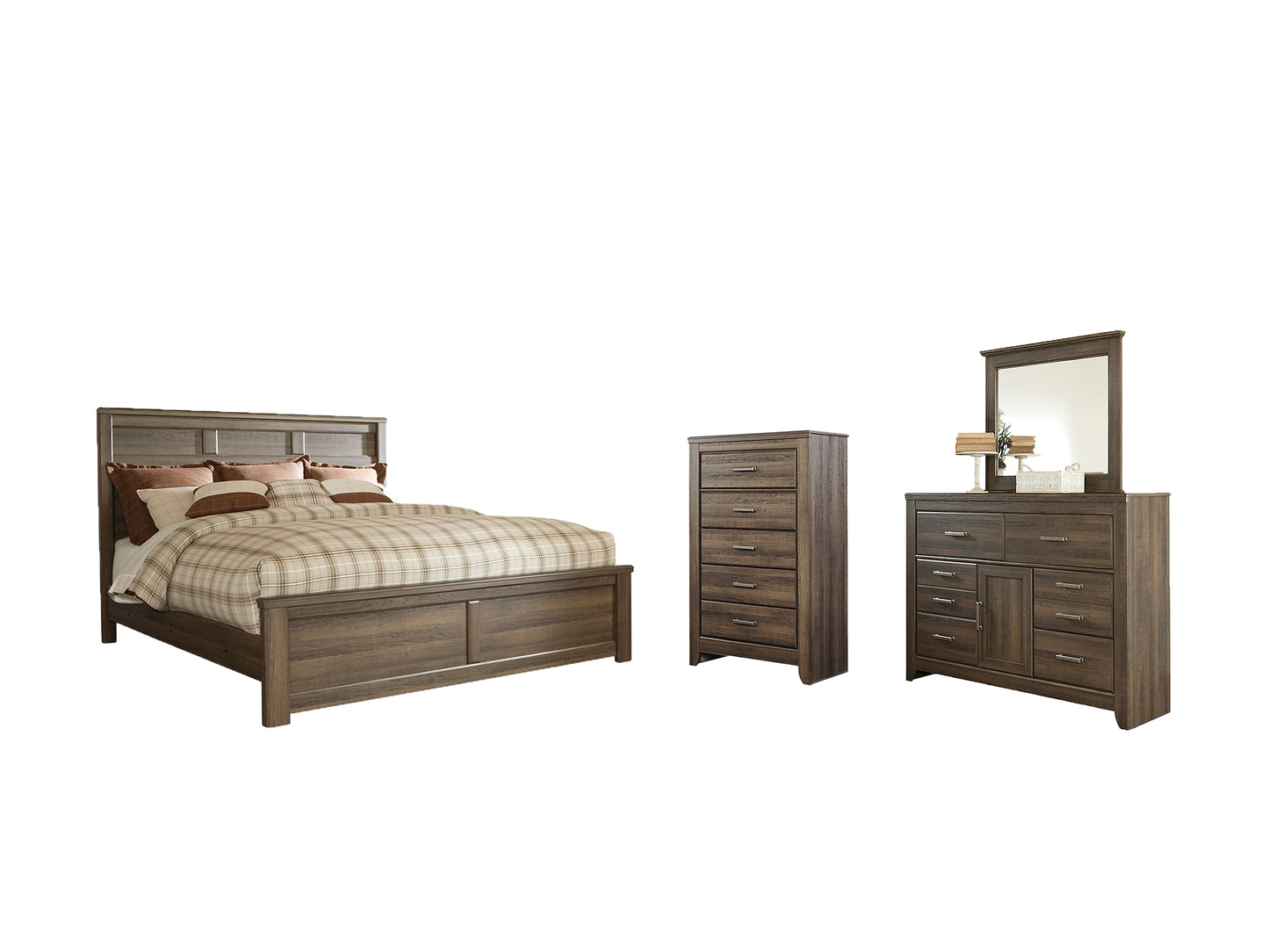 Juararo Queen Panel Bed with Mirrored Dresser and Chest