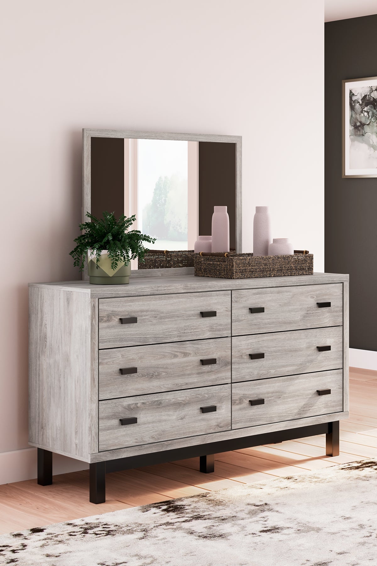 Vessalli King Panel Headboard with Mirrored Dresser, Chest and Nightstand