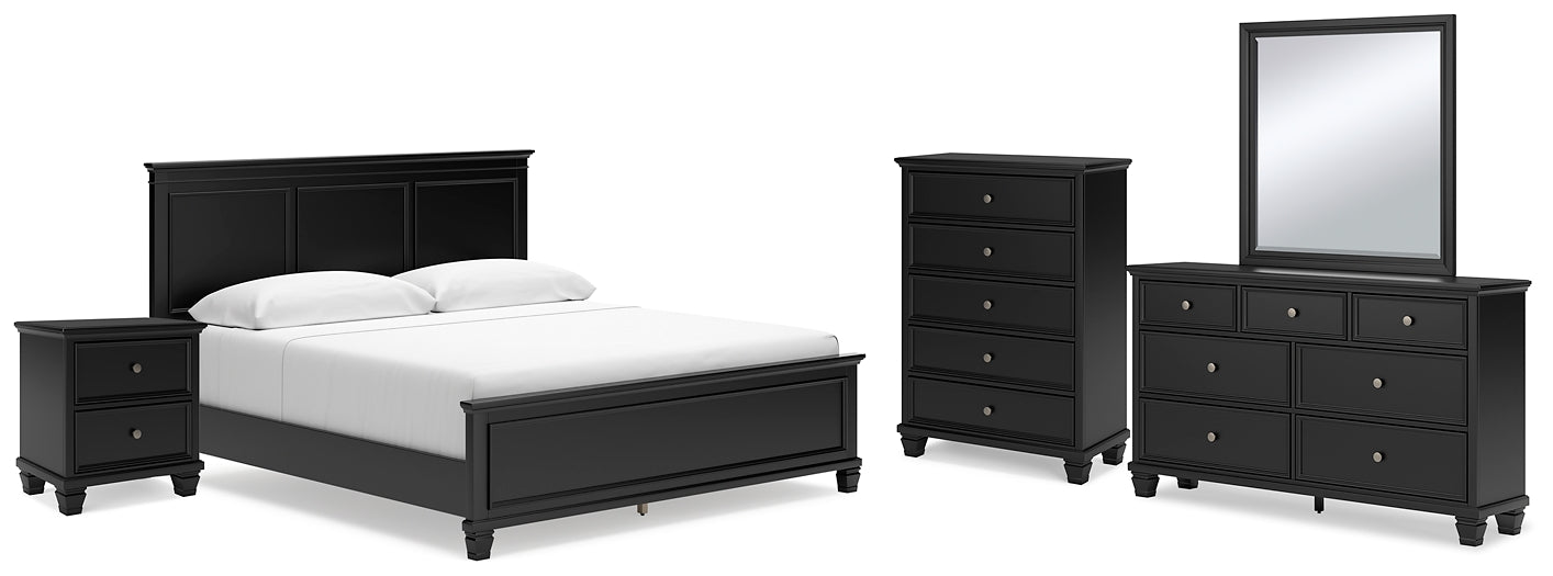 Lanolee King Panel Bed with Mirrored Dresser, Chest and Nightstand