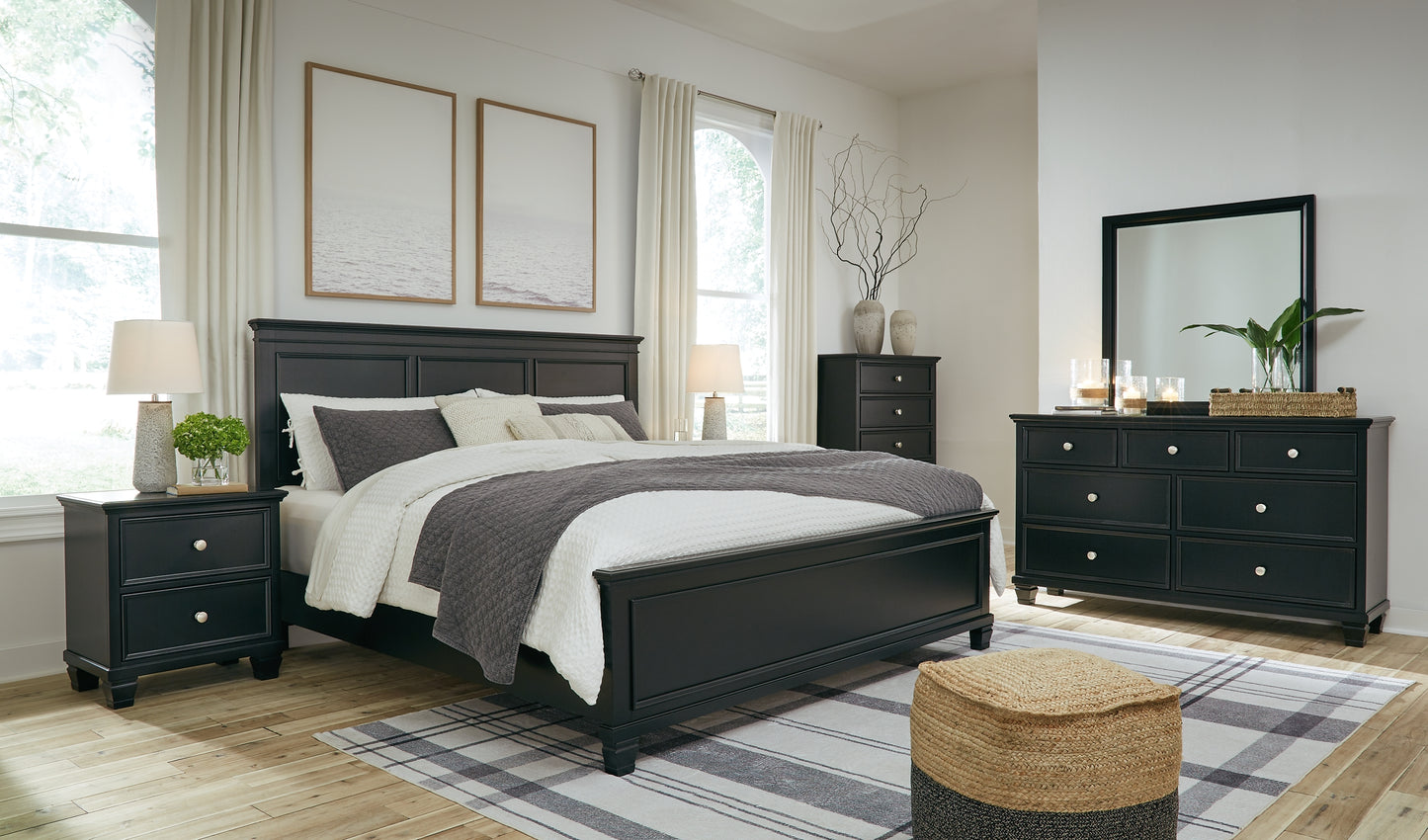 Lanolee King Panel Bed with Mirrored Dresser, Chest and Nightstand