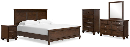 Danabrin California King Panel Bed with Mirrored Dresser, Chest and Nightstand